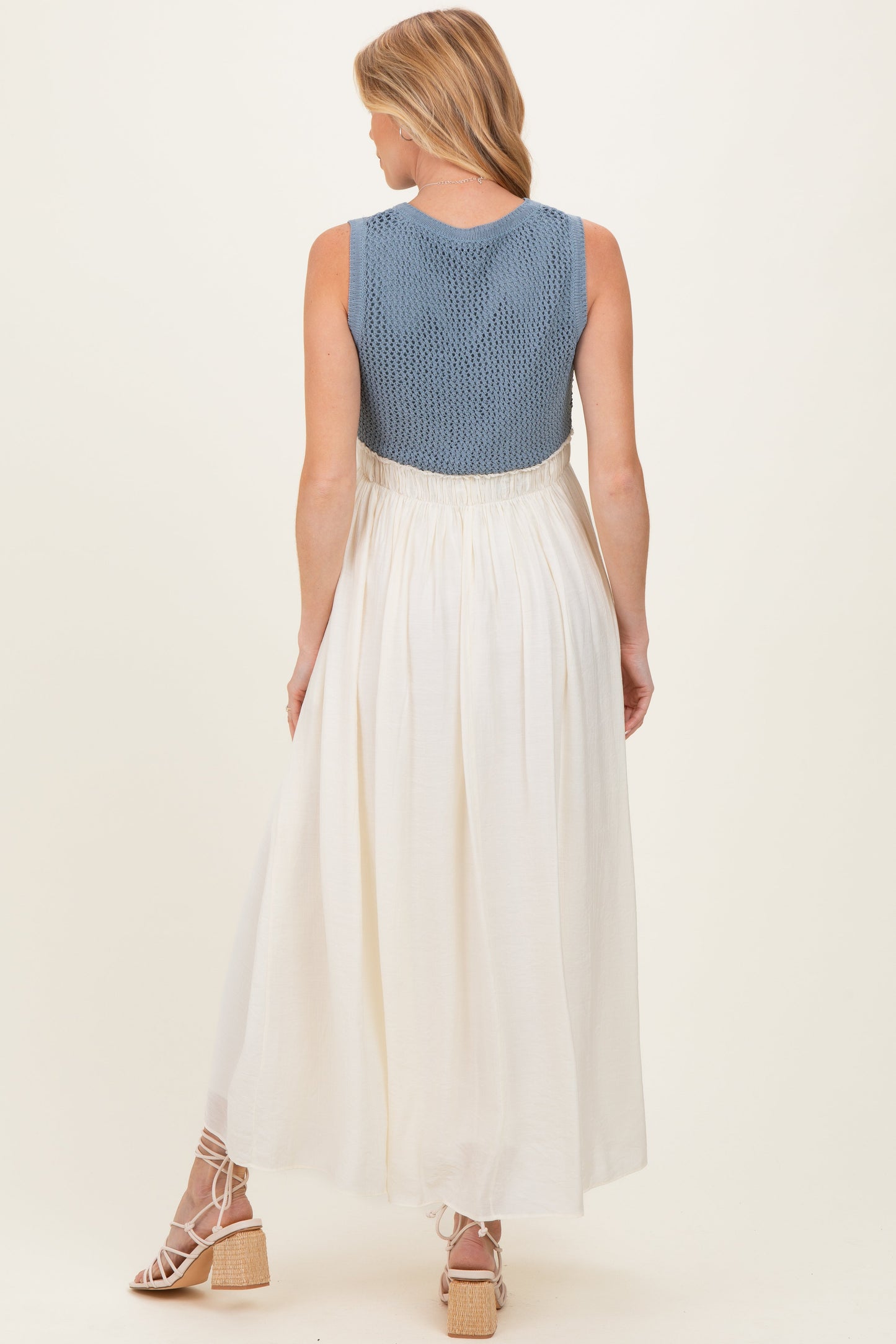 Dusty Blue Knit Bodice Contrast Skirt Maternity Maxi Dress