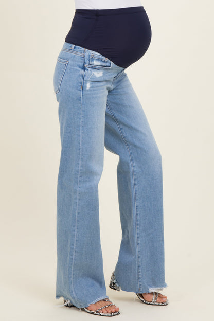 Light Blue Distressed Fringe Hem Wide Leg Maternity Jeans