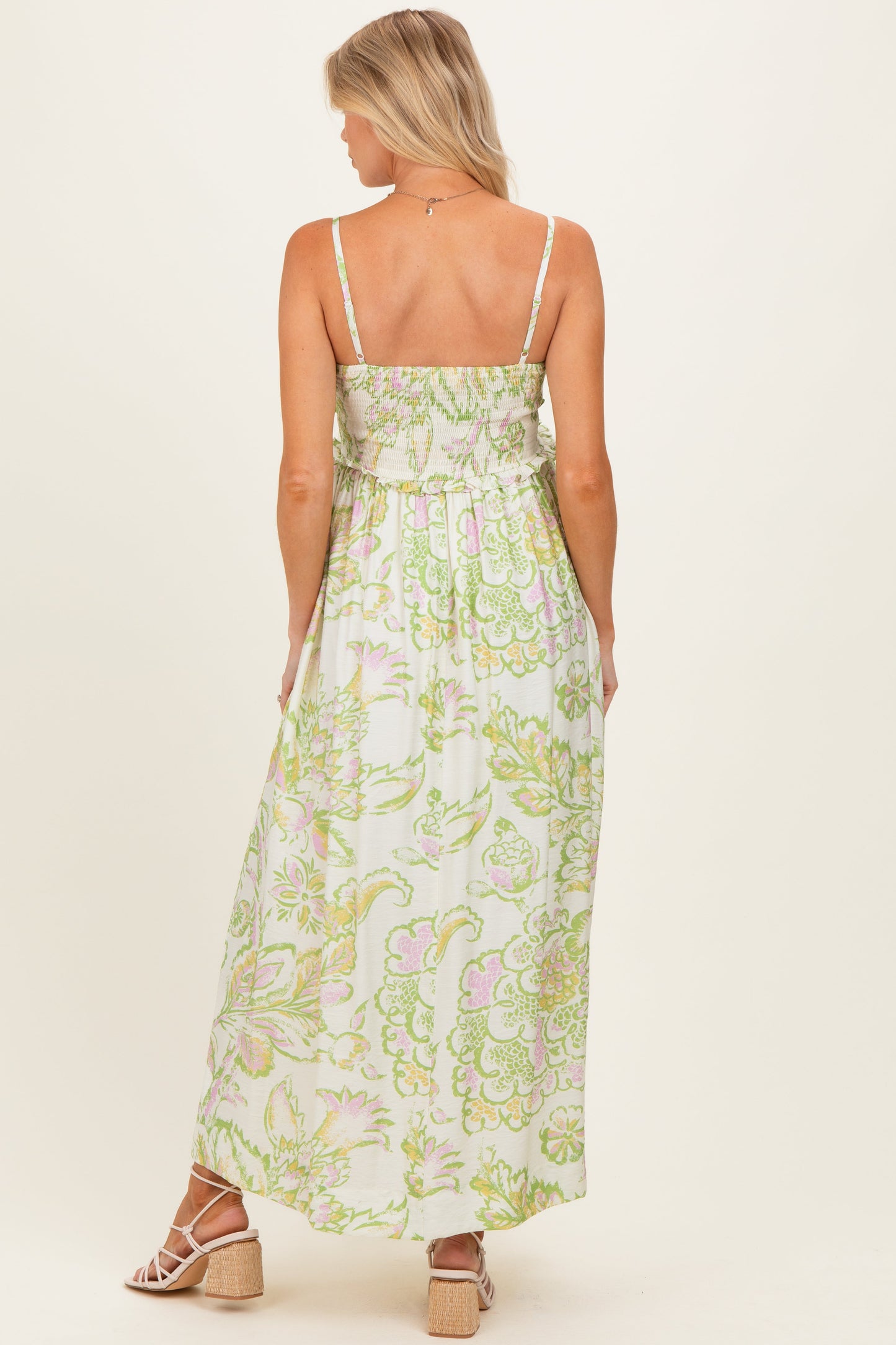 Green Cream Elegant Floral Maternity Maxi Dress