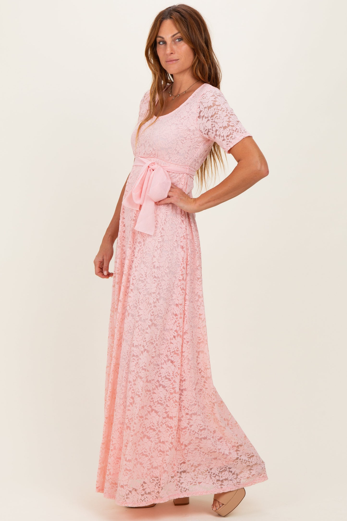 Light Pink Lace Sash Tie Maternity Gown