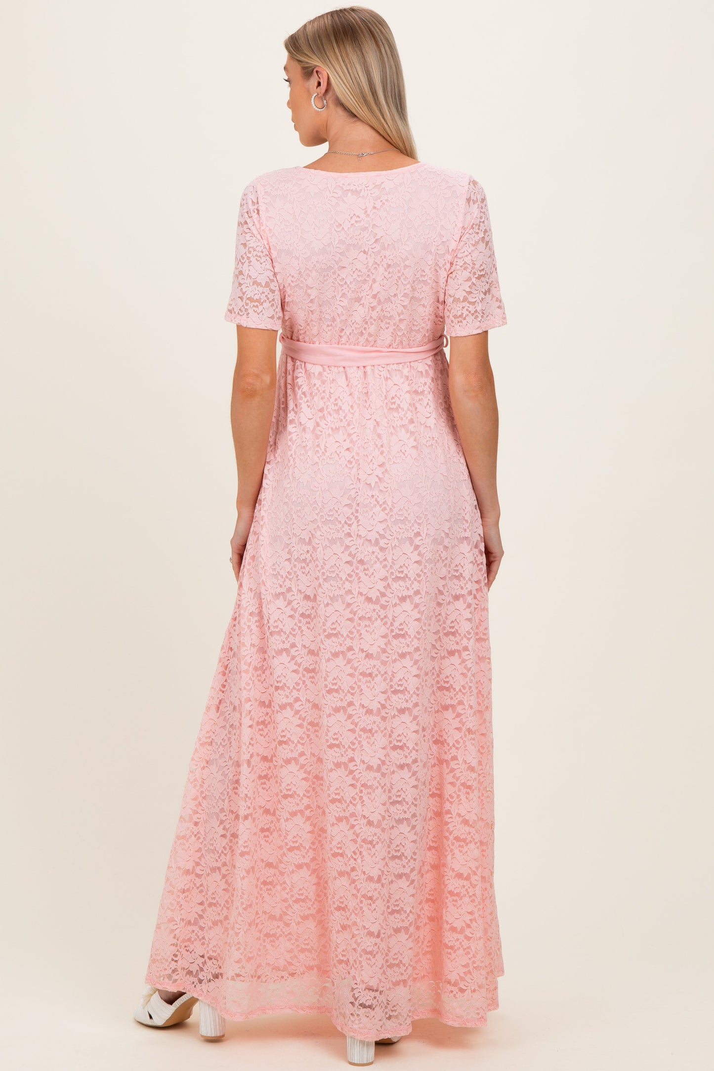 Light Pink Lace Sash Tie Maternity Gown