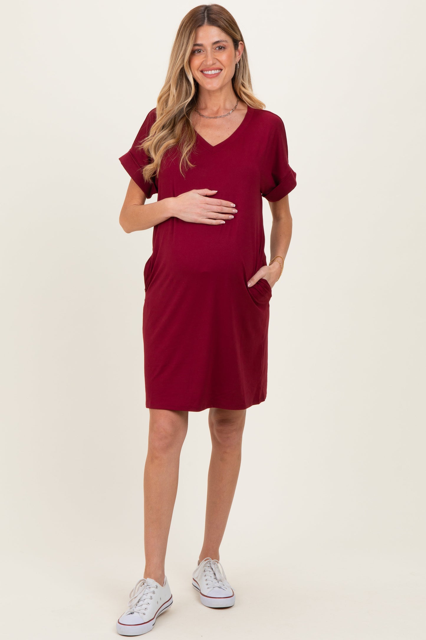 Cabernet Brushed Rolled Short Sleeve V-Neck Maternity Dress