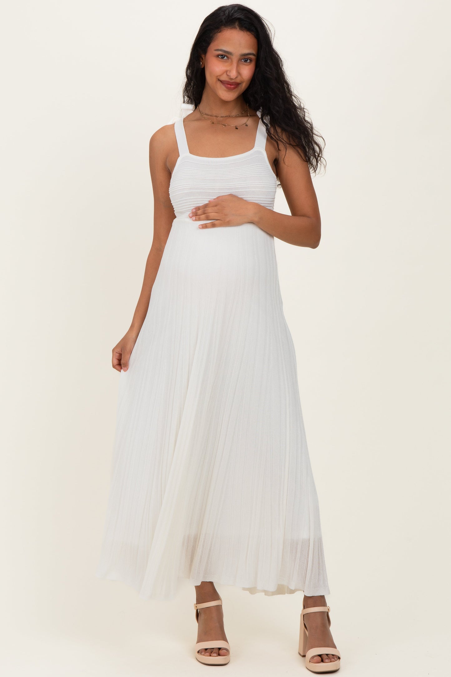 Off White Textured Knit Shoulder Tie Maternity Midi Dress