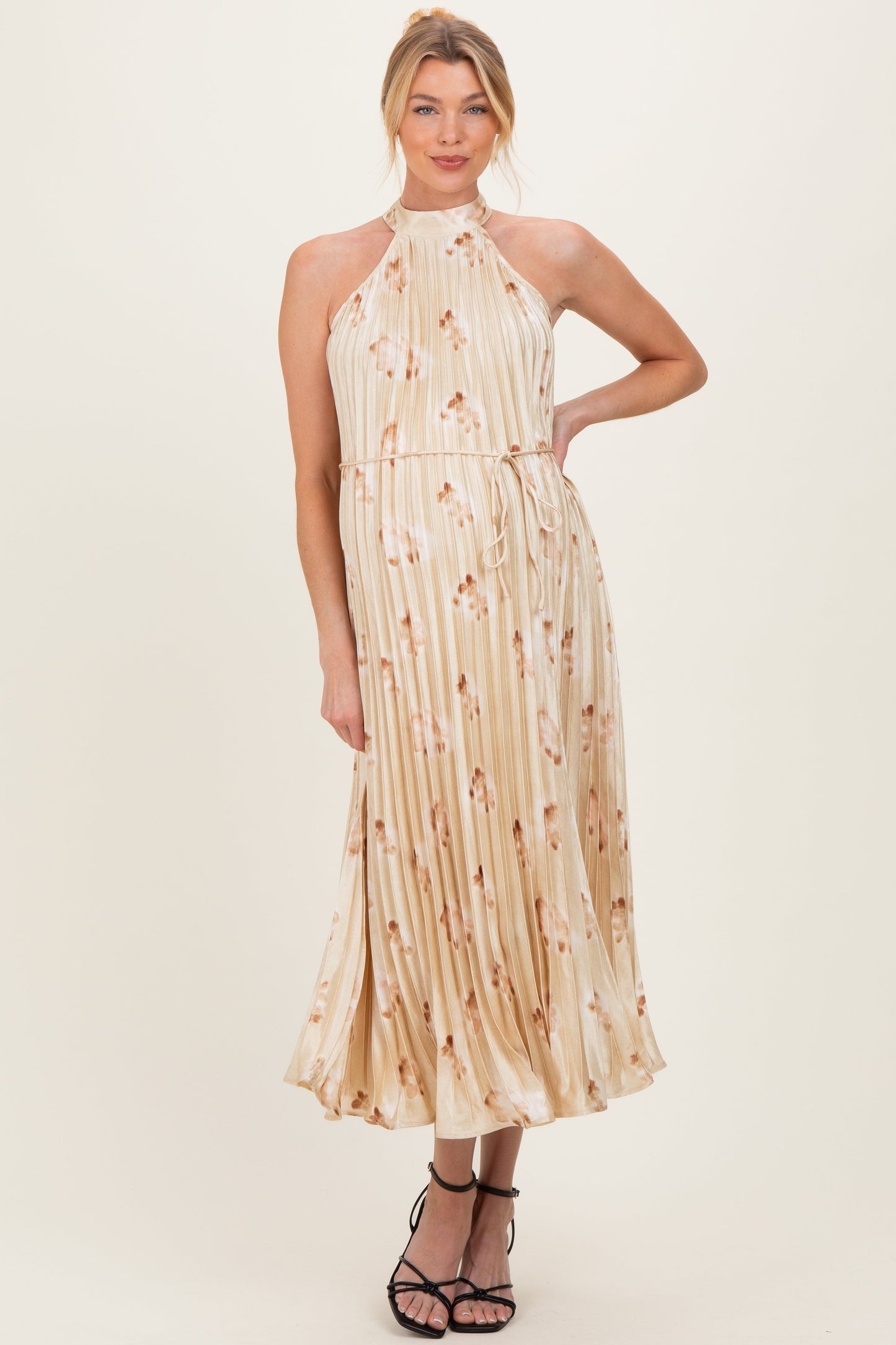 Yellow Floral Pleated Halter Maternity Midi Dress