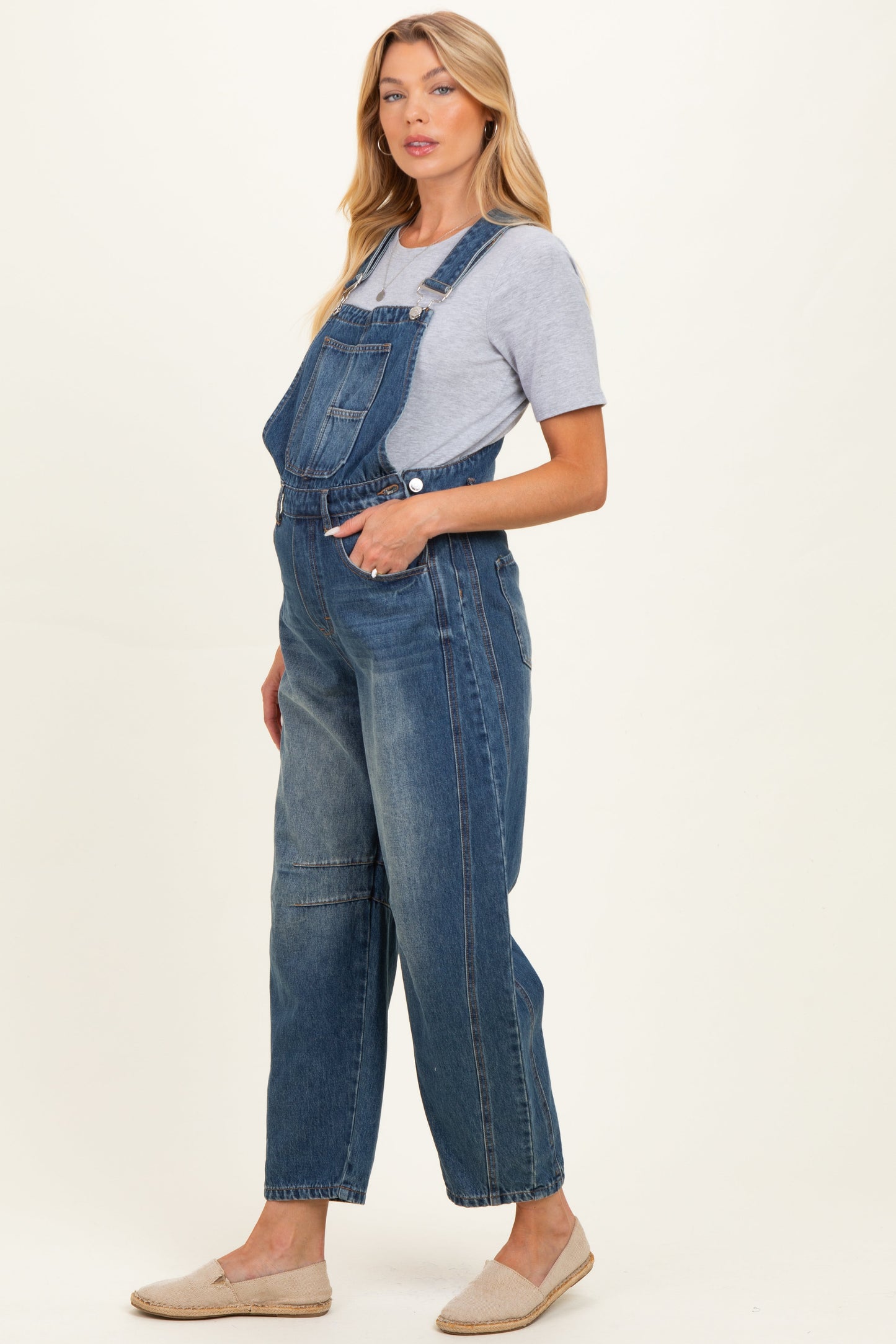 Dark Wash Denim Barrel Maternity Overalls
