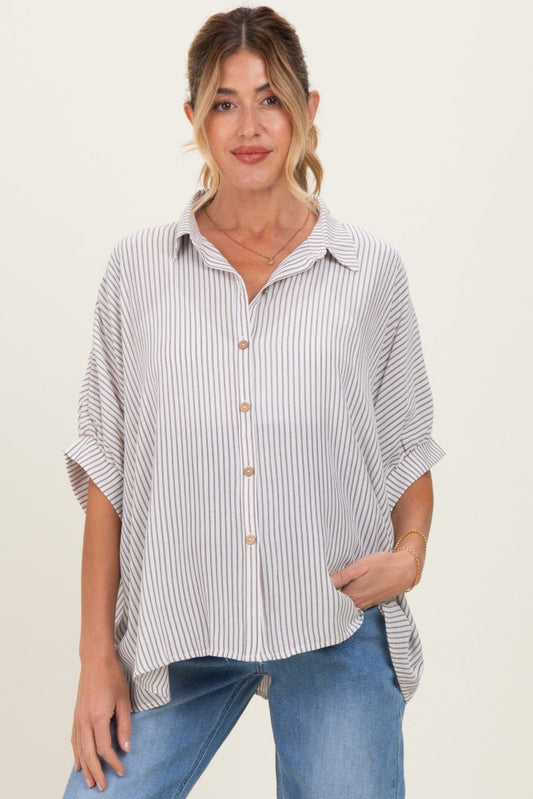 Brown Striped Boxy Button Down Maternity Top