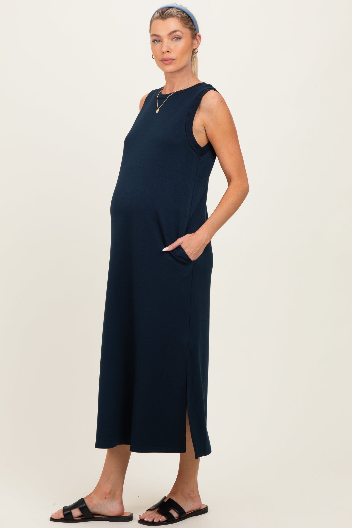 Navy Sleeveless Maternity Midi Dress