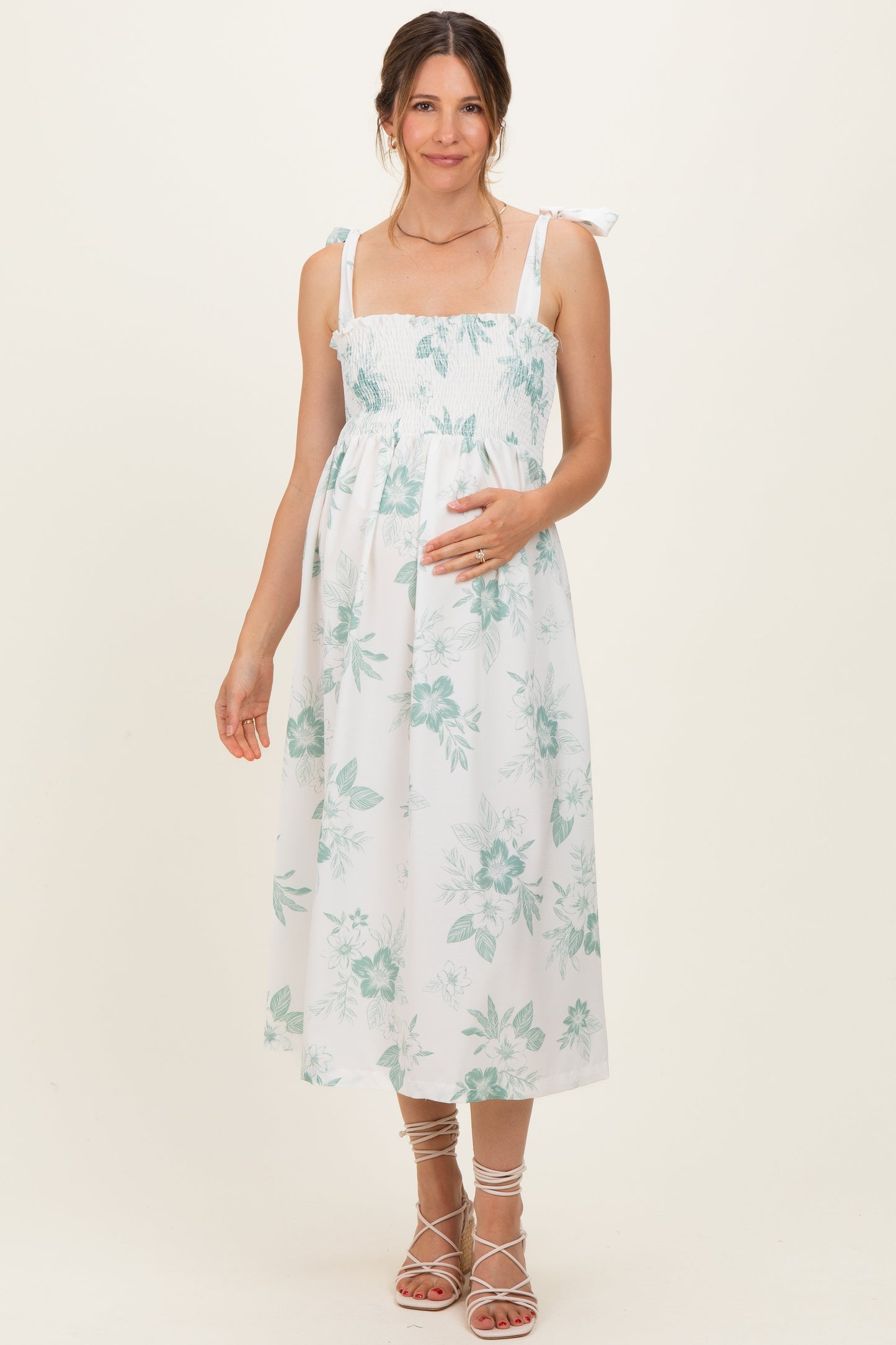 Sage Floral Smocked Maternity Midi Dress