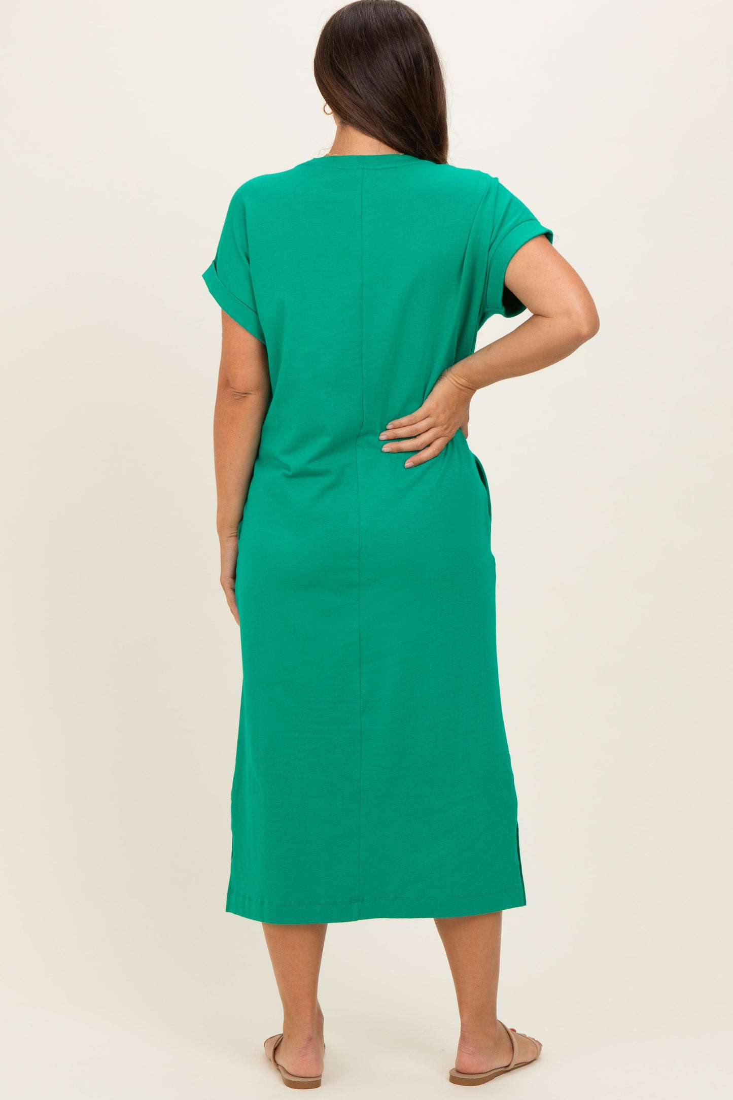 Kelly Green Pocket Front Maternity Midi T-Shirt Dress