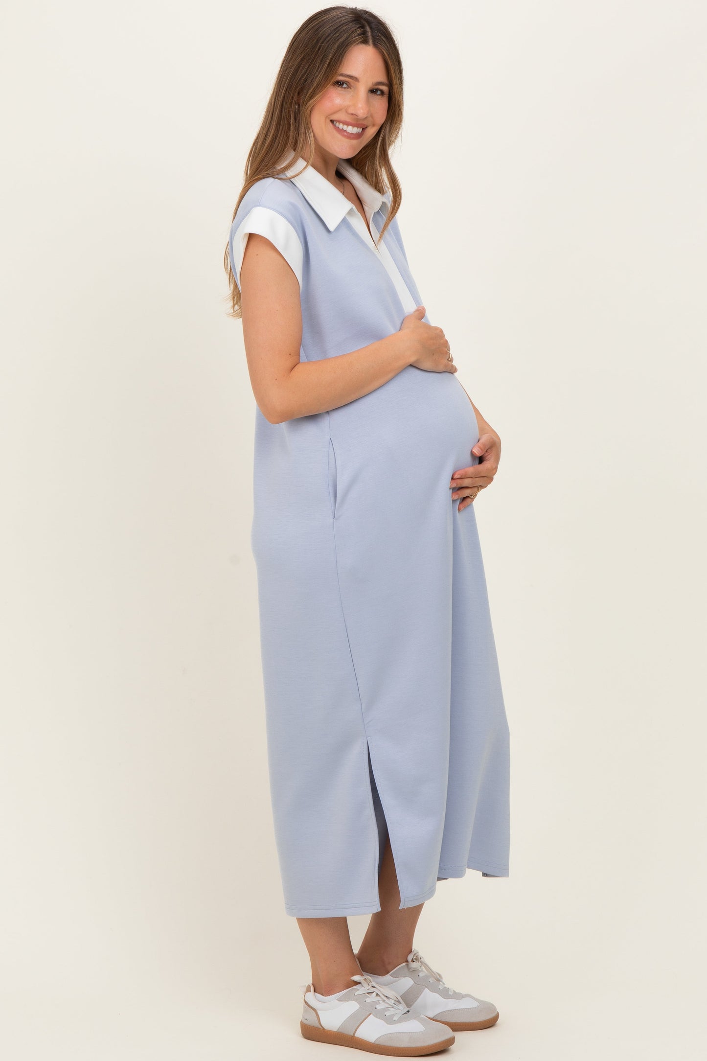 Light Blue Colorblock Polo Maternity Midi Dress