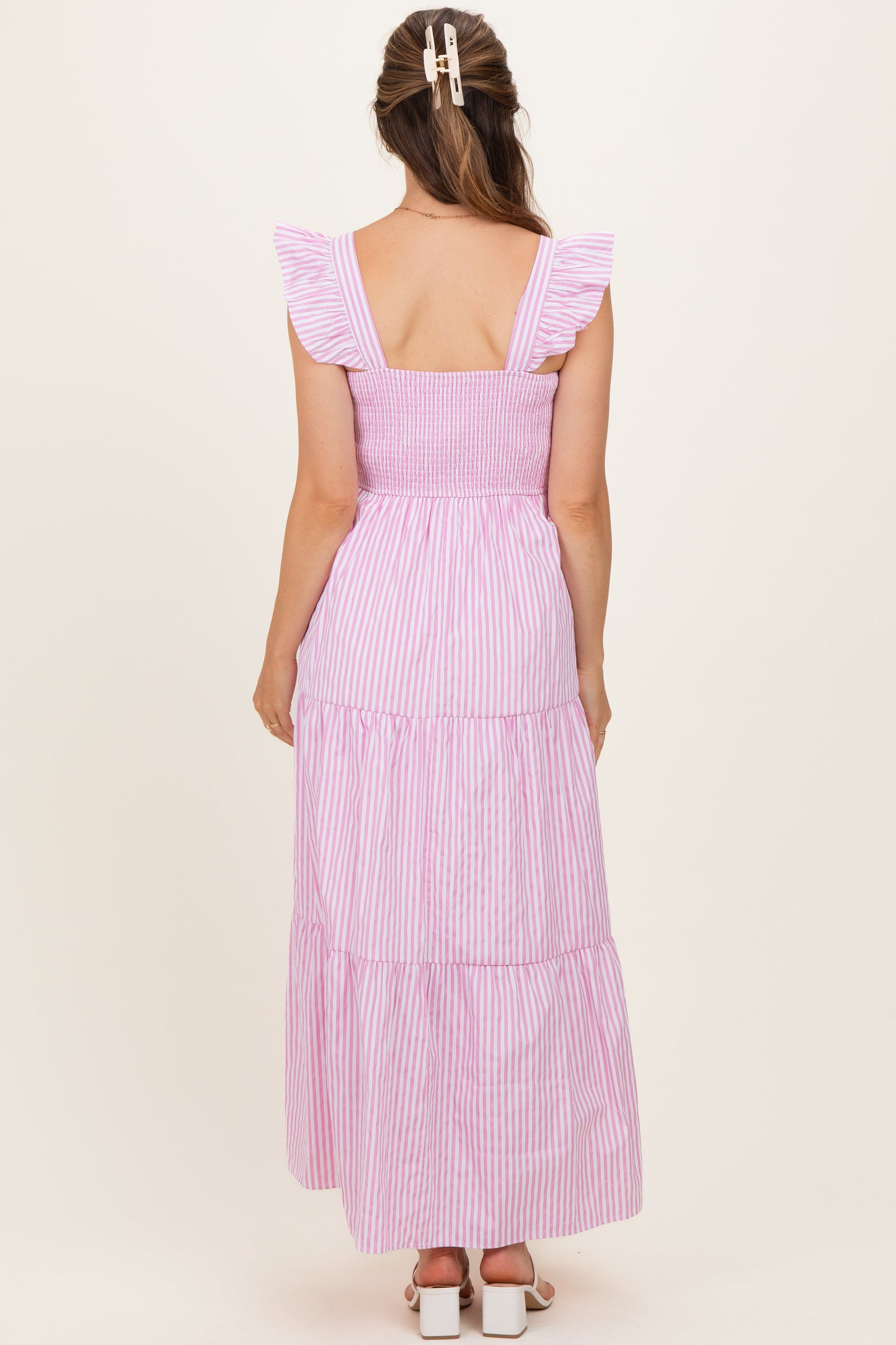 Pink Striped Ruffle Strap Smocked Maternity Maxi Dress