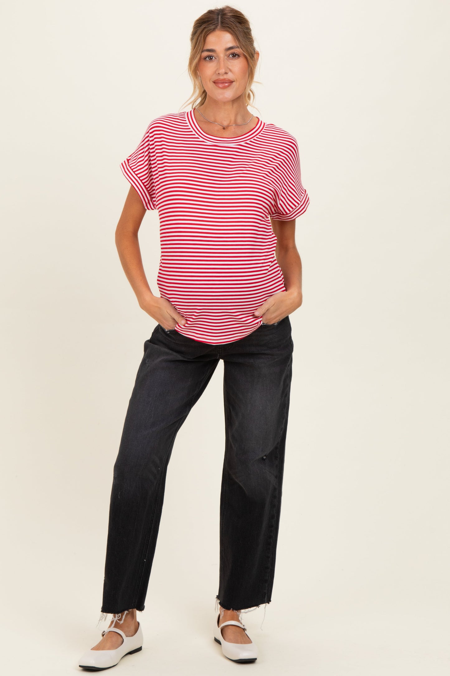Red Striped Short Sleeve Maternity Top