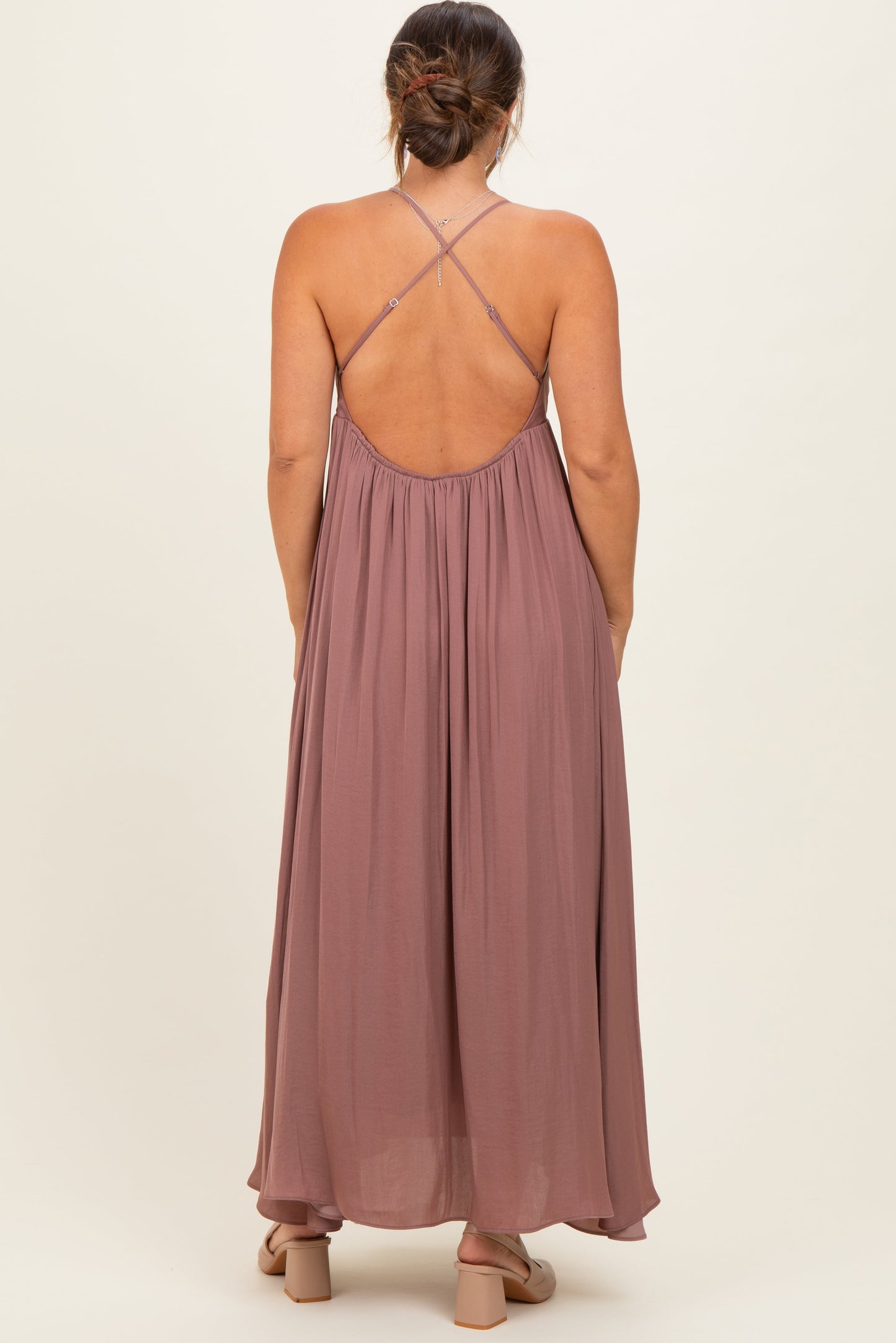 Mauve V-Neck Open Back Maternity Maxi Dress