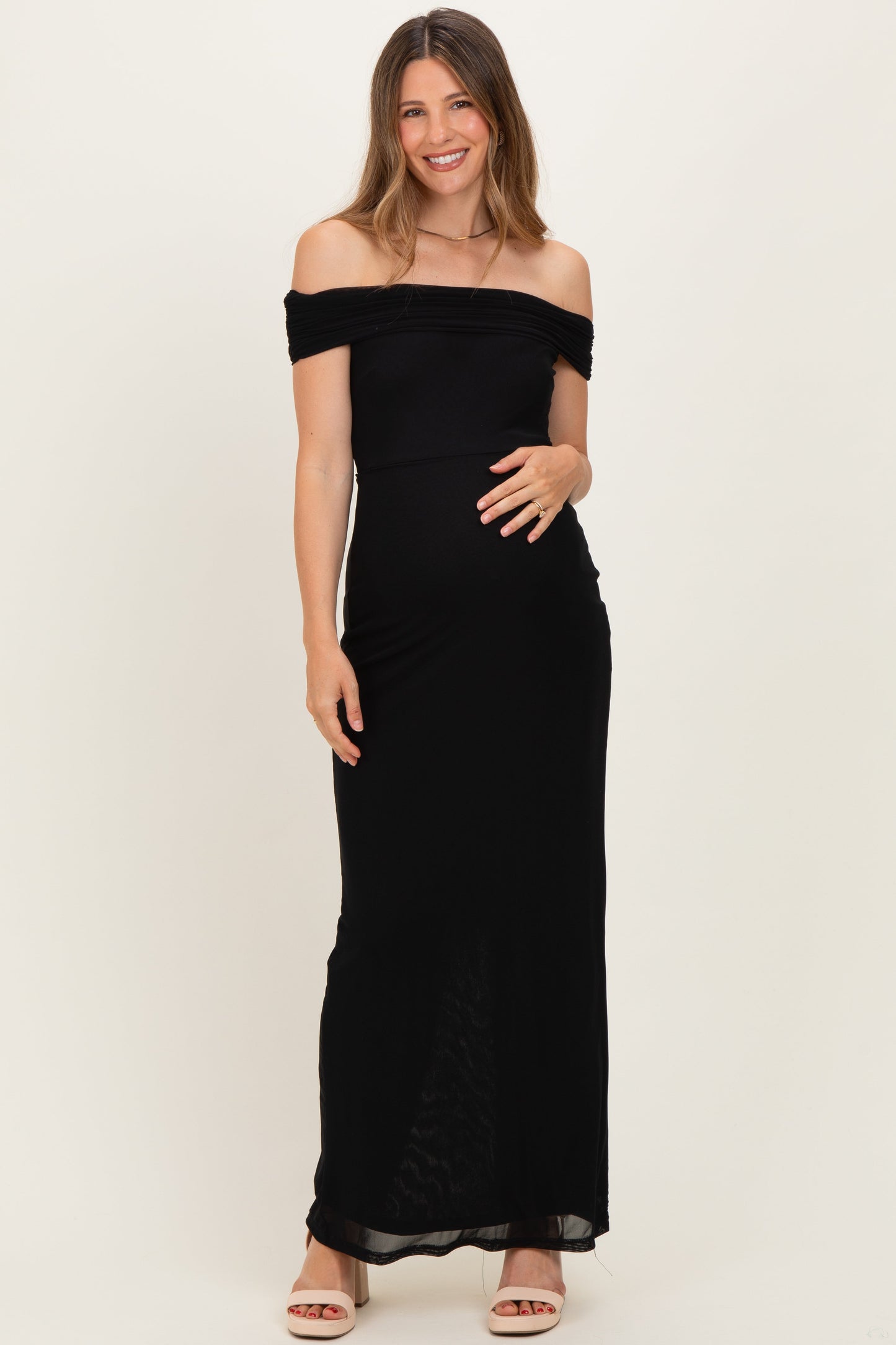 Black Off Shoulder Mesh Maternity Maxi Dress