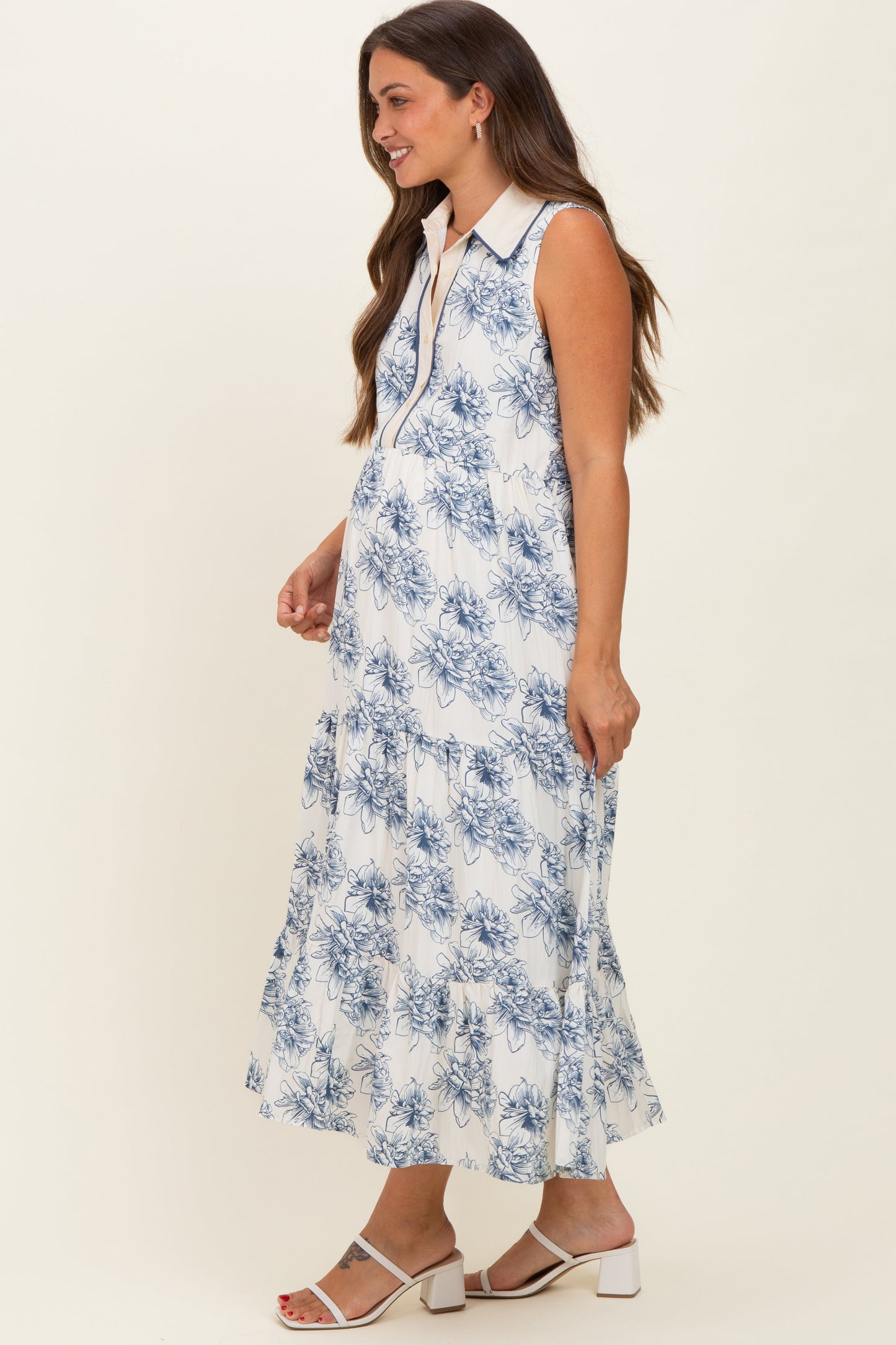 Ivory Floral Tiered Sleeveless Maternity Shirt Dress