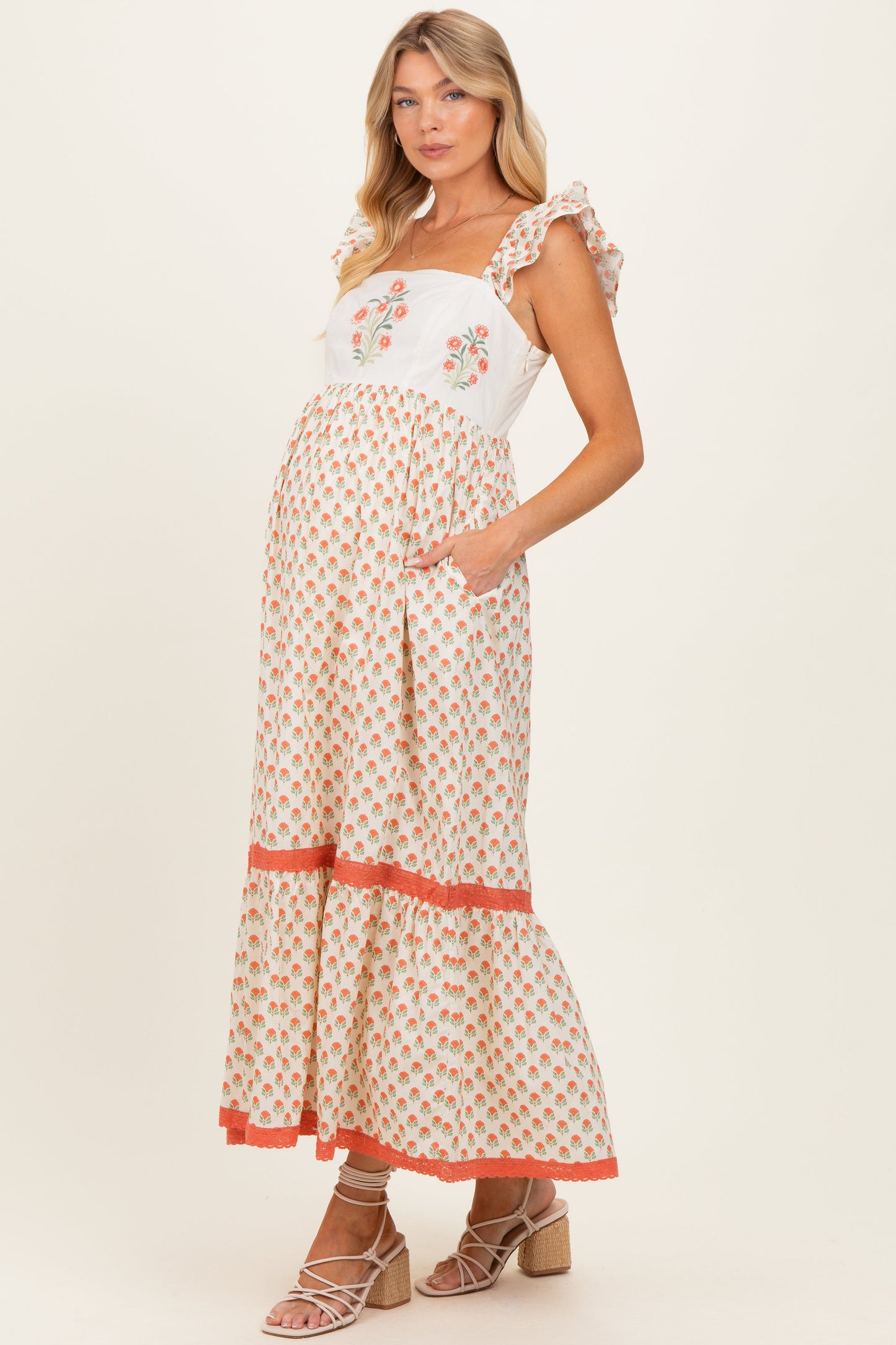 Coral Floral Embroidered Maternity Maxi Dress