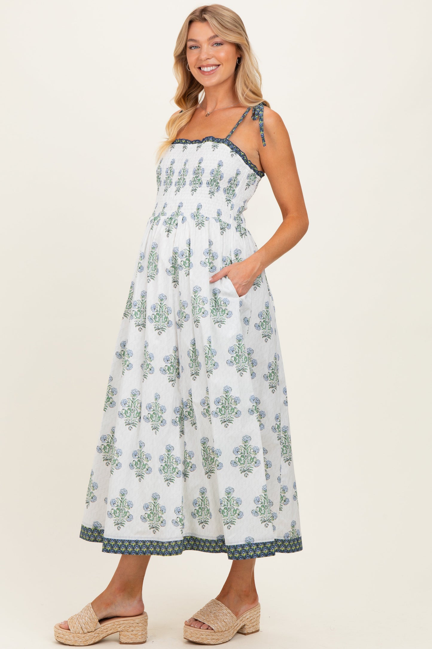 Off White Floral Smocked Shoulder Tie Maternity Maxi Dress