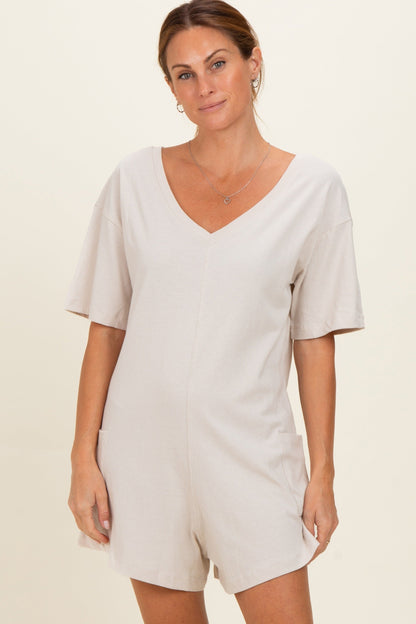 Beige Scoop Neck Maternity Romper
