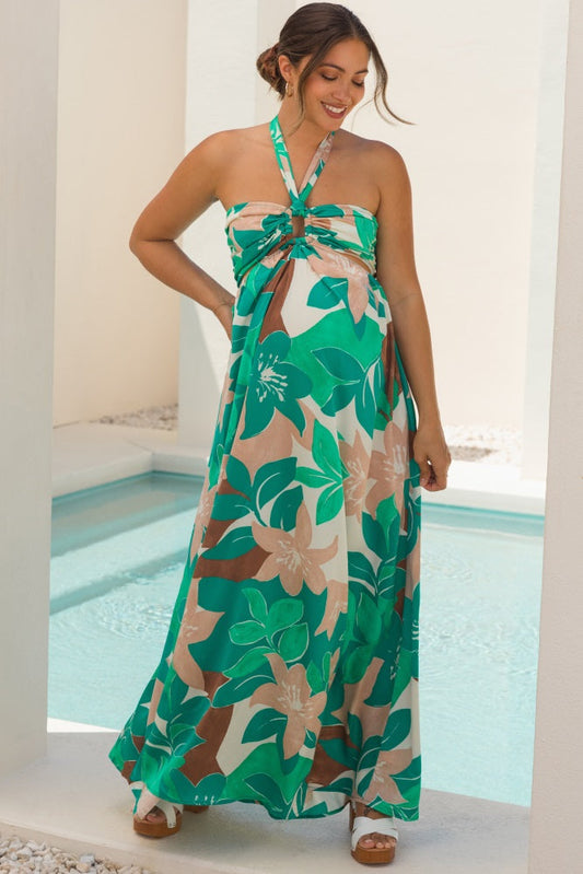 Green Floral Halter Cut Out Maternity Maxi Dress
