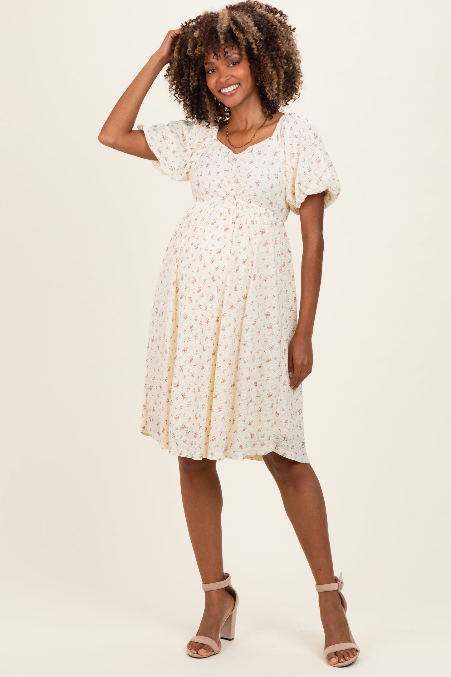Ivory Floral Sweetheart Neckline Maternity Dress