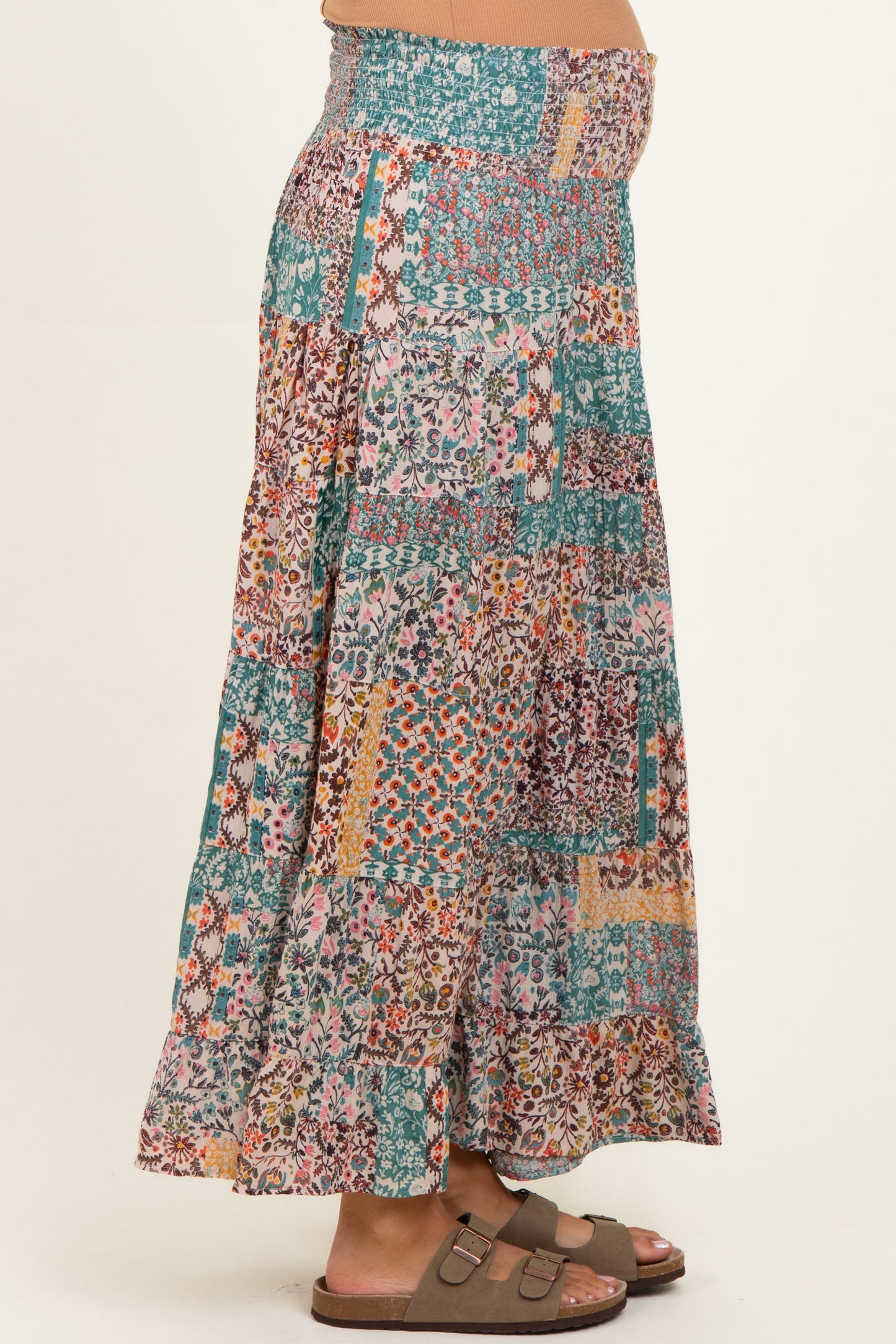 Teal Patchwork Print Smocked Waistband Maternity Maxi Skirt