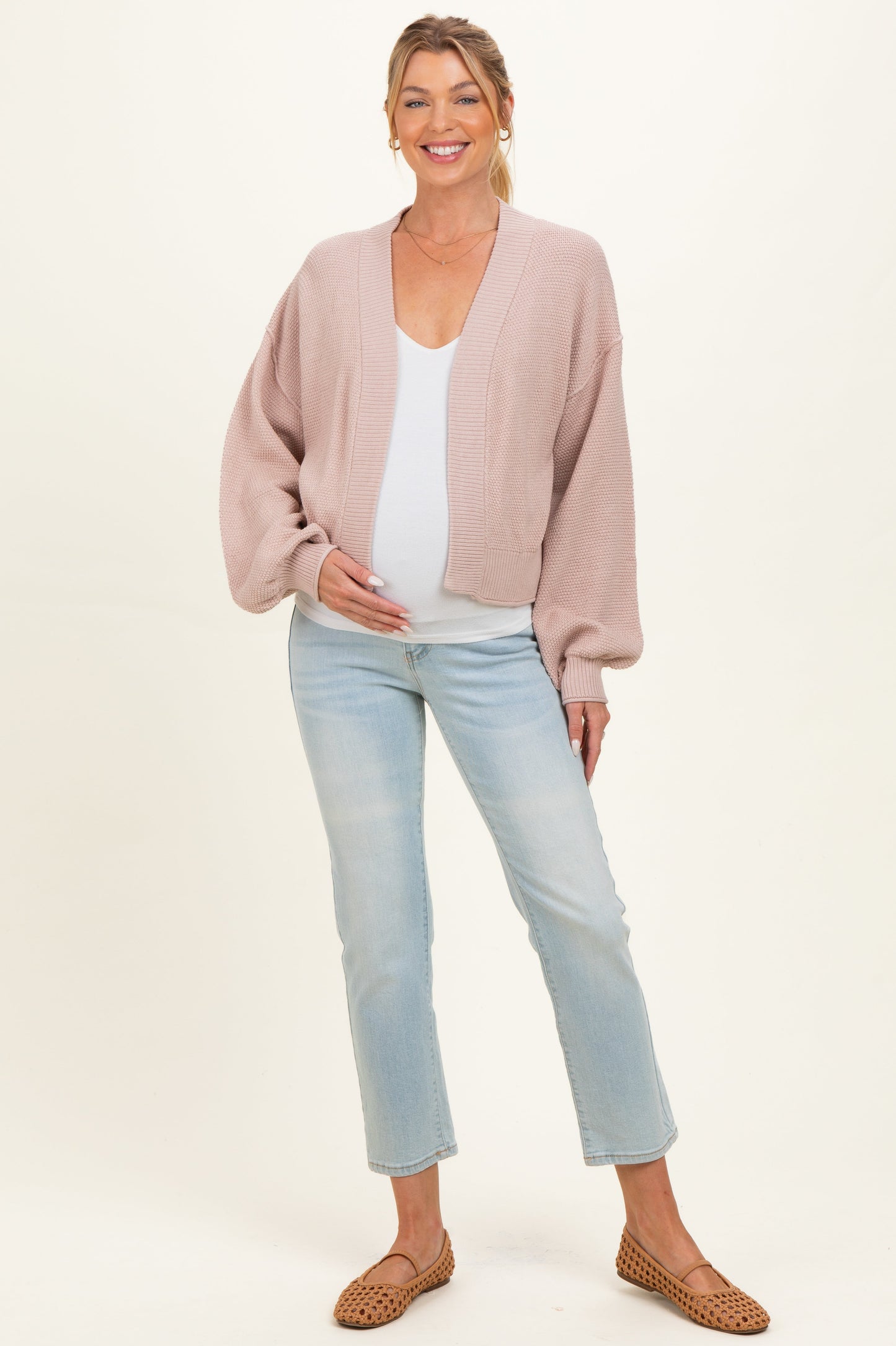 Blush Waffle Knit Balloon Sleeve Maternity Cardigan