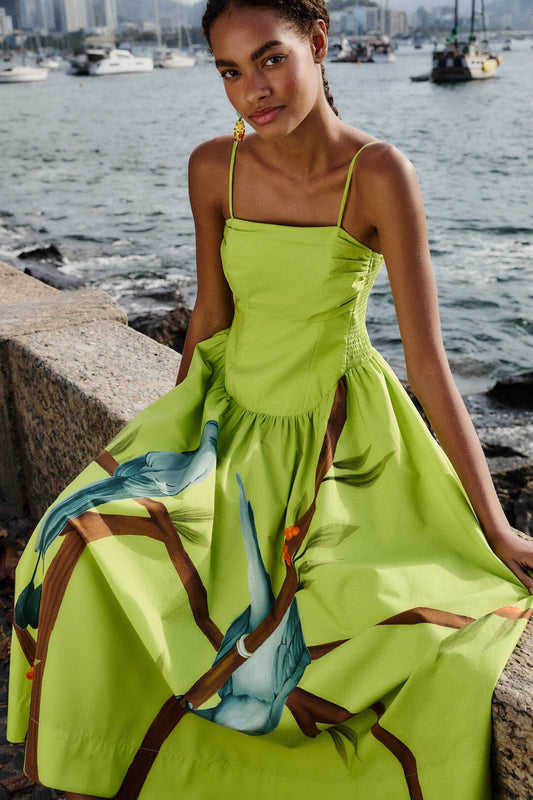 Green Birds Smocked Maxi Dress