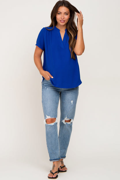 Blue Short Sleeve V-Neck Maternity Blouse