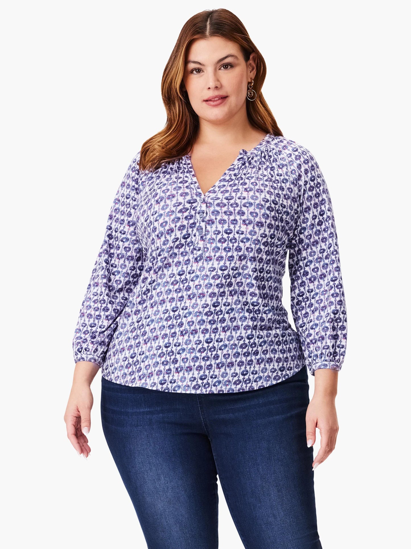 NZT Mixed Medallion 3/4 Sleeve Split Top
